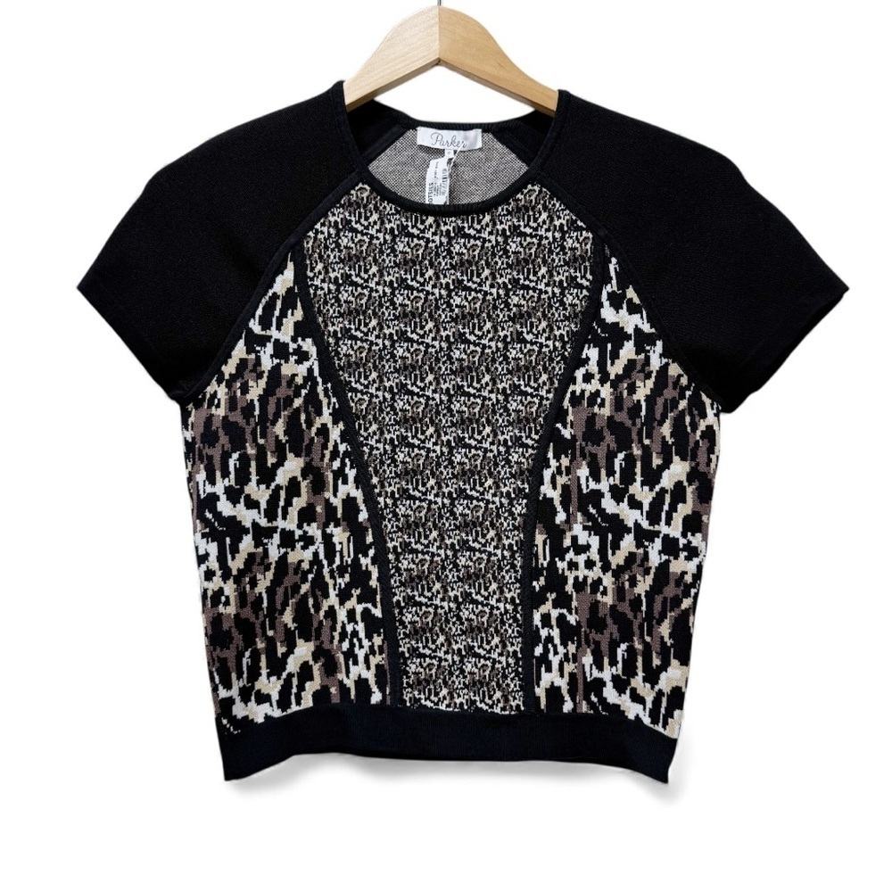Parker Women’s Knit Short Sleeve Top – Animal Print Panel Sweater Tee, Size M